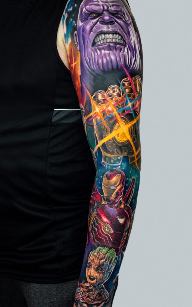 Realism color tattoo of Avengers characters by Laura Egea