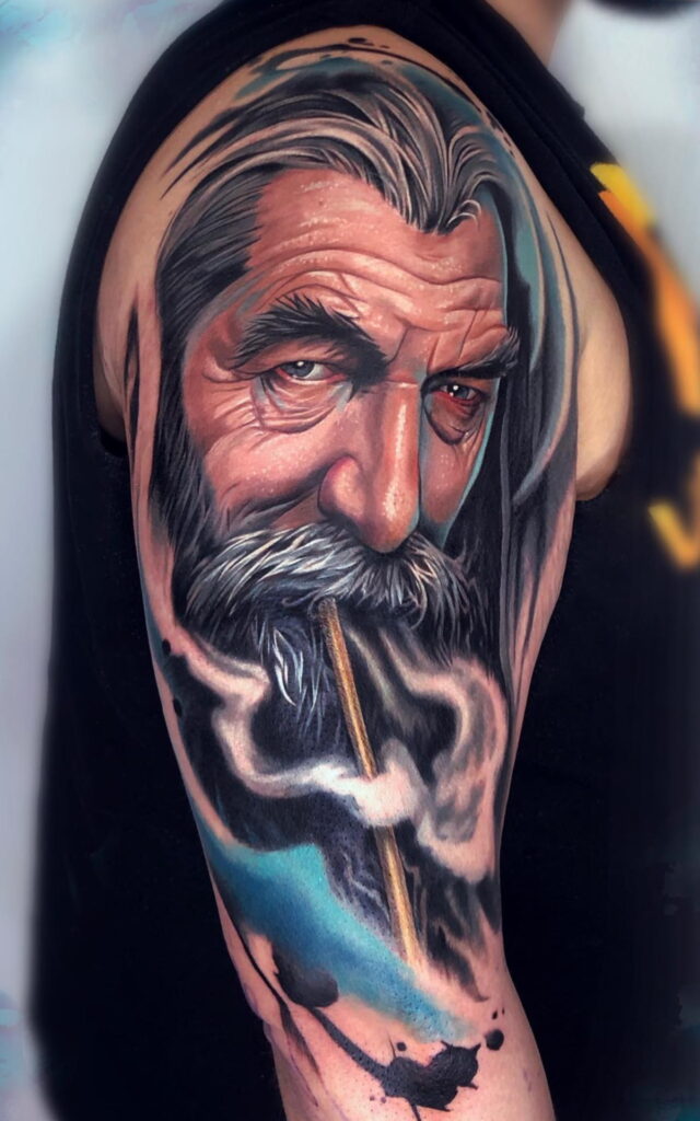 Realism color tattoo of Gandalf from The Lord of the Rings by Laura Egea