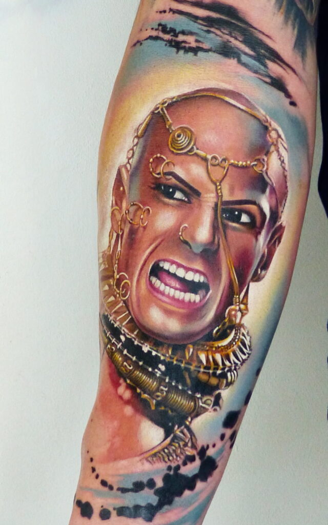 Realism tattoo portrait of Xerxes from the movie 300 by Laura Egea, Dallas, TX