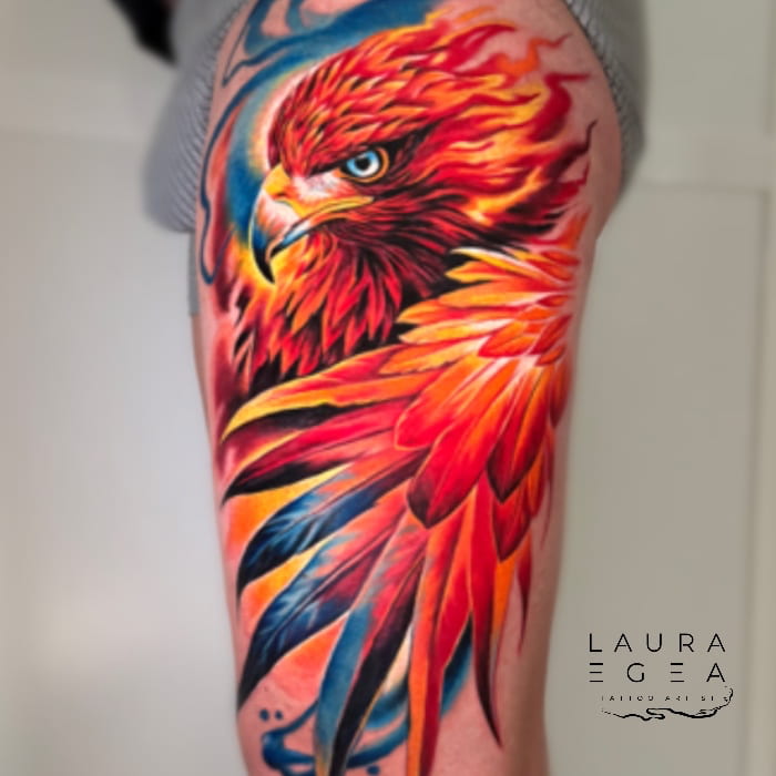 High color tattoo of a phoenix created by Laura Egea Tattoo Artist