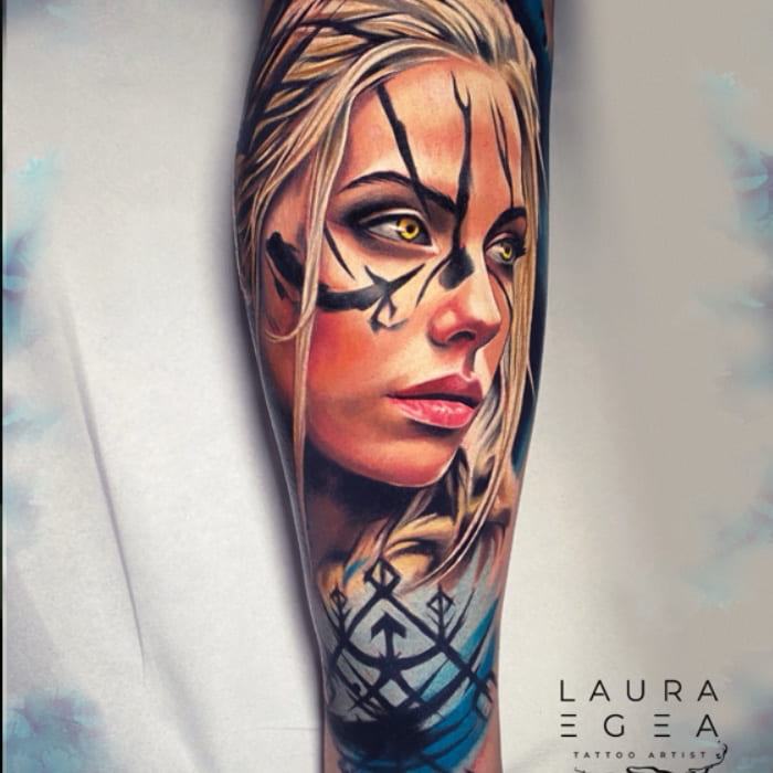 Color realism portrait of a woman Valkyrie with expressive eyes by laura Egea, Dallas