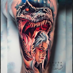 color realism tattoo of girl with dinosaur composition by Laura Egea Dallas Texas