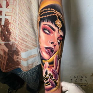 Color Cleopatra portrait tattoo by international tattoo artist Laura Egea Dallas Texas