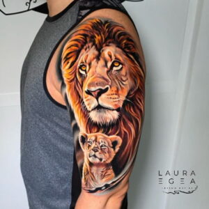 Lion and cub realism tattoo by Laura Egea Dalas Texas