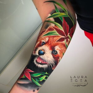Red panda color realism tattoo by Laura Egea Dallas Texas