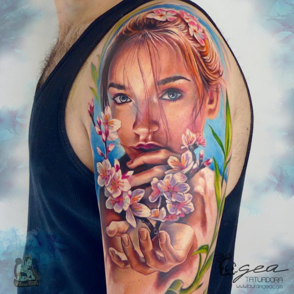 Beautiful and romantic realism fantasy portrait symbolizing mothers love, created by award-winning Laura Egea tattoo artist based in Dallas, Texas