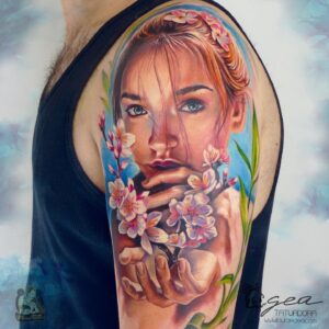 Beautiful and romantic realism fantasy portrait symbolizing mothers love, created by award-winning Laura Egea tattoo artist based in Dallas, Texas