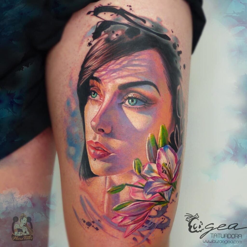 Color realism fantasy portrait tattoo with sunlights