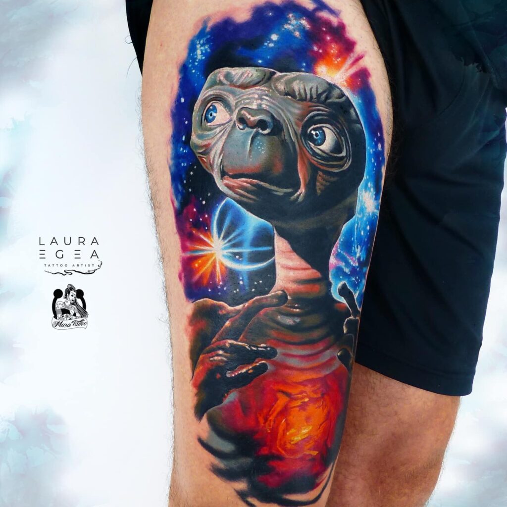 Alien character portrait tattoo in color realism style by award-winning Laura Egea dallas Texas