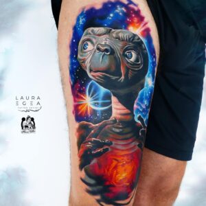 Alien character portrait tattoo in color realism style by award-winning Laura Egea dallas Texas
