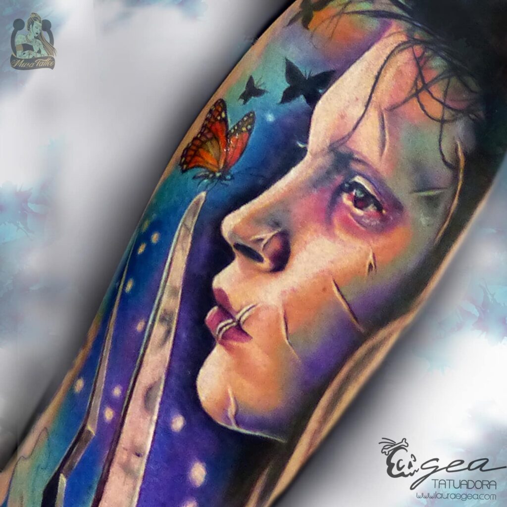 Fantasy cinematic portrait tattoo with expressive detail by Laura Egea Dallas Texas
