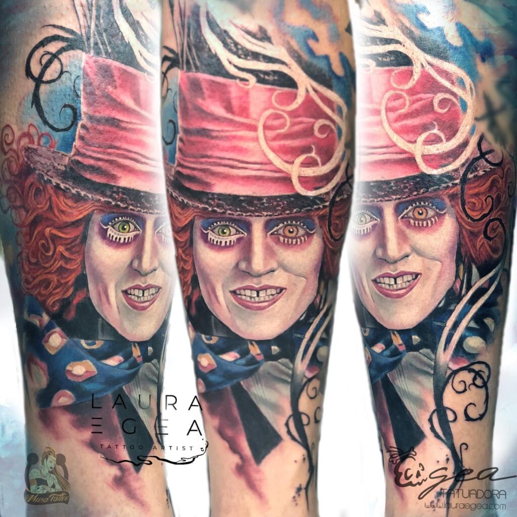 Fantasy character tattoo inspired by The Mad Hatter from Alice in Wonderland by Laura Egea Dallas Texas