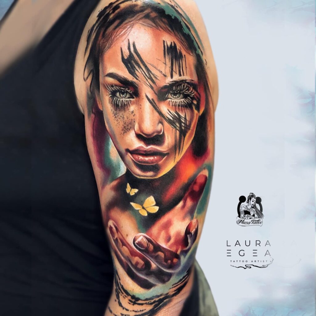 Fantasy female portrait tattoo with magical elements by Laura Egea Dallas Texas