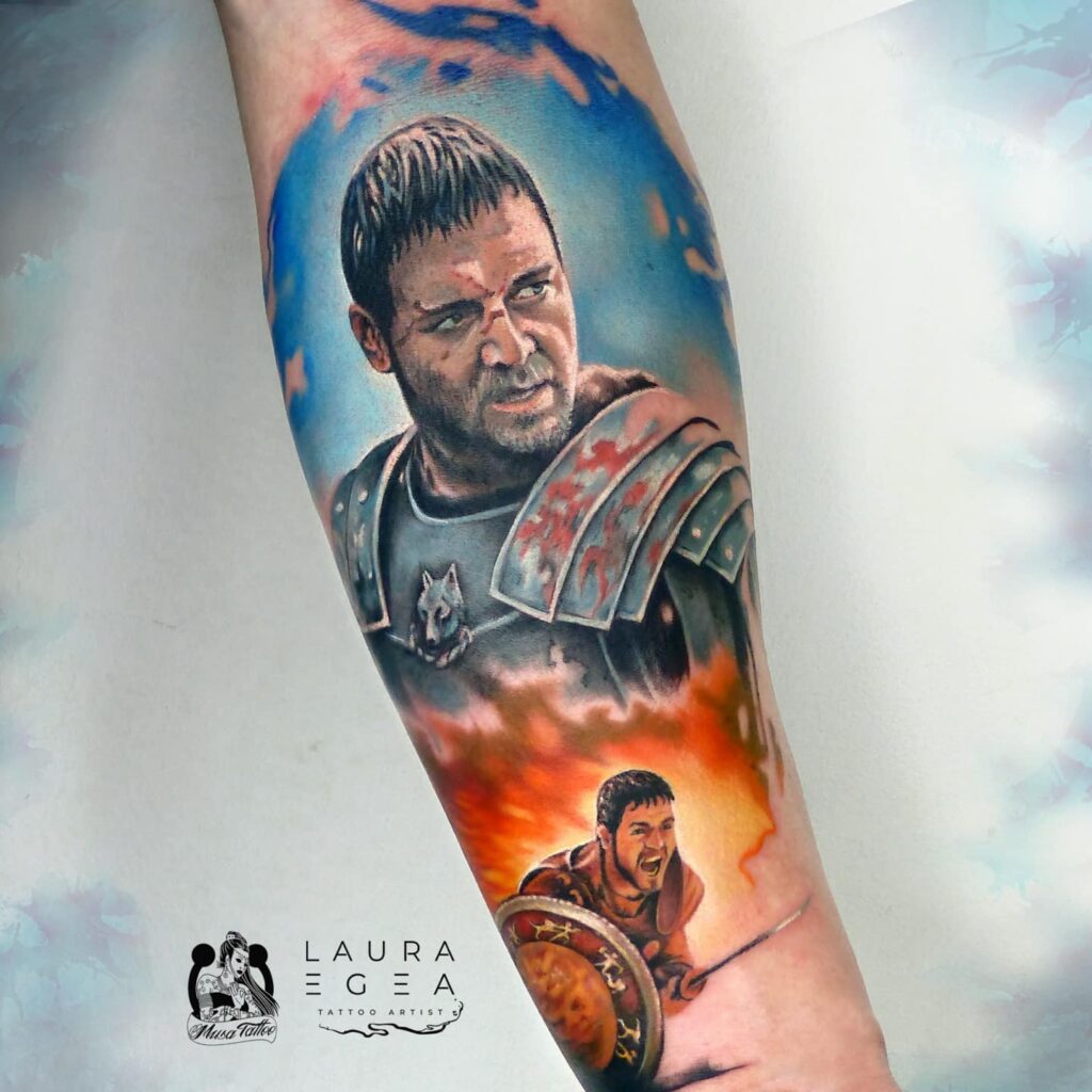 Cinematic gladiator warrior portrait tattoo in color realism style by award-winning Laura Egea Dallas Texas