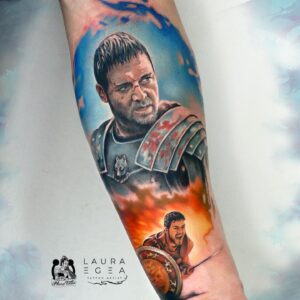 Cinematic gladiator warrior portrait tattoo in color realism style by award-winning Laura Egea Dallas Texas