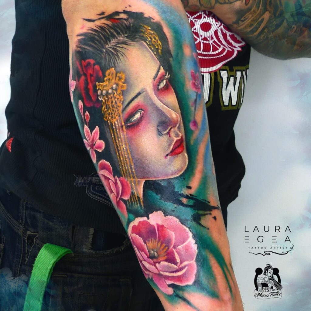 geisha portrait tattoo in color realism style by Laura egea Dallas Texas
