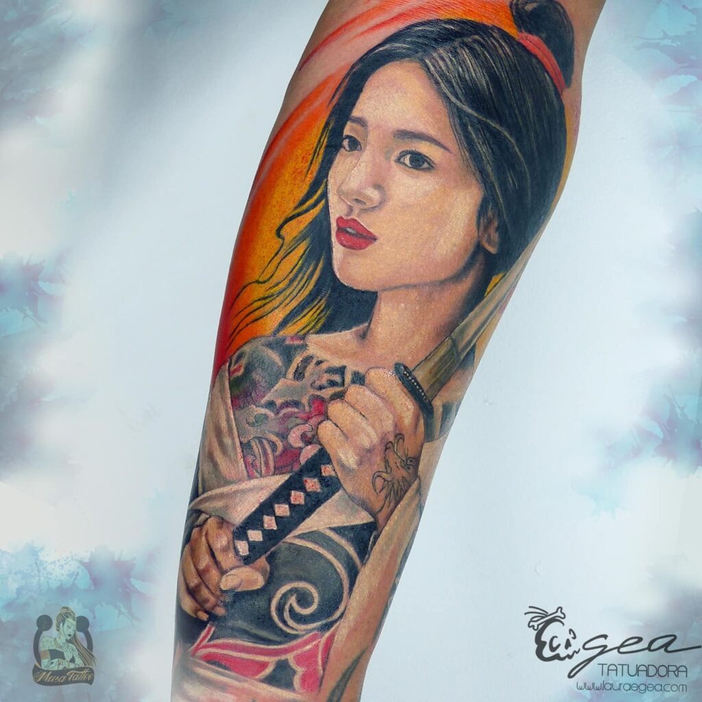 geisha portrait tattoo in color realism style by Laura egea Dallas Texas