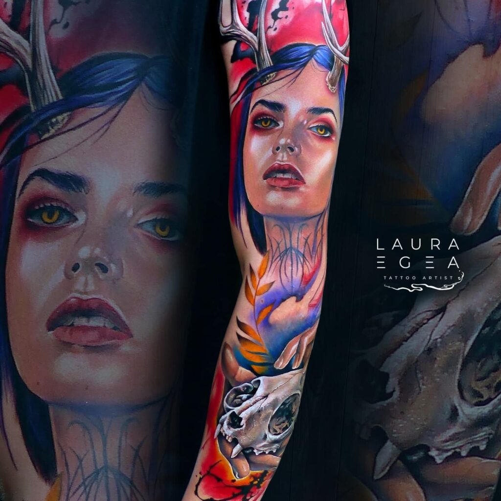 large scale fantasy sleeve tattoo with female portrait and skull by Laura Egea Dallas