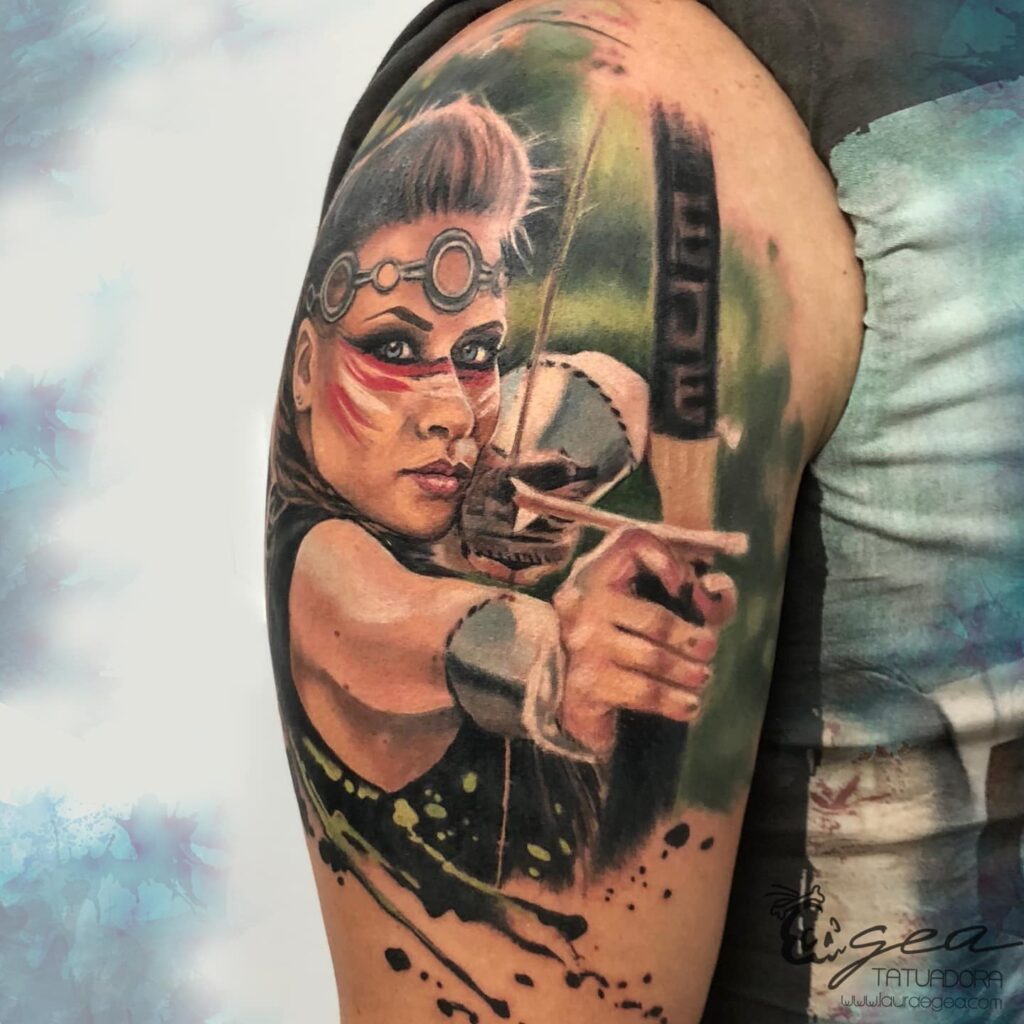 warrior archer fantasy tattoo in color realism style by Laura Egea Texas USA