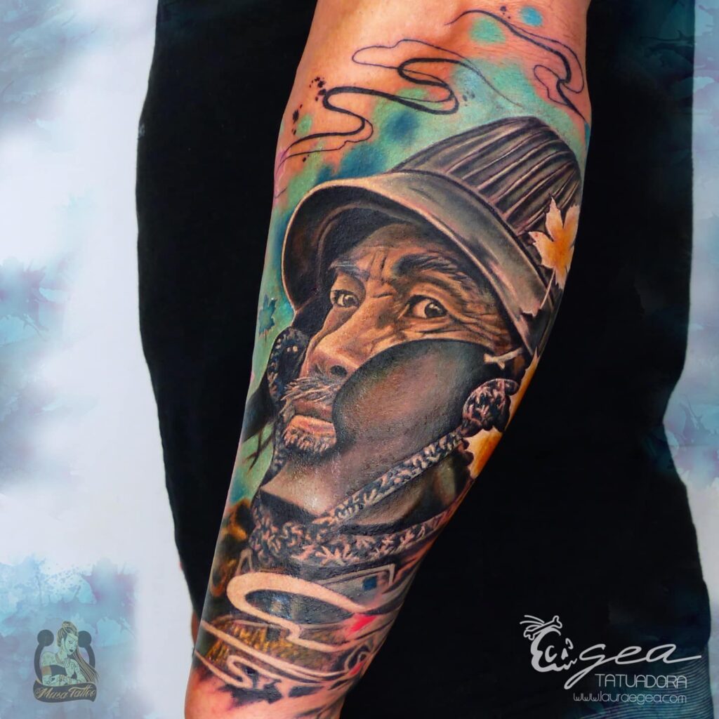 Samurai warrior tattoo in cinematic color realism style by Laura Egea Texas
