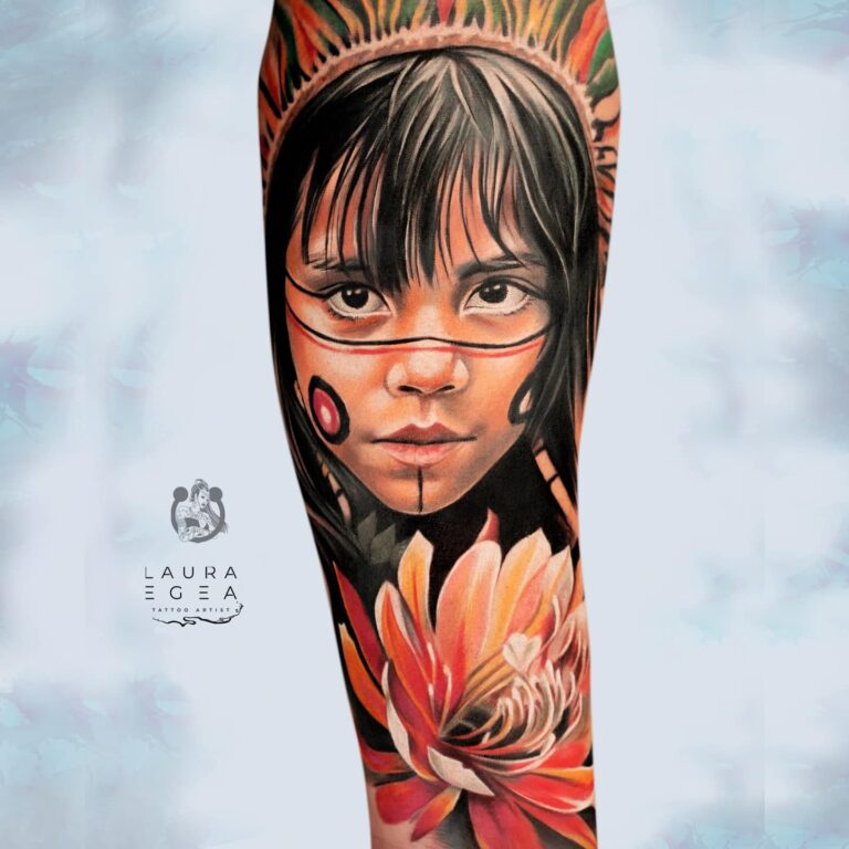 Indigenous child portrait tattoo in color realism style by award-winning Laura Egea Texas USA