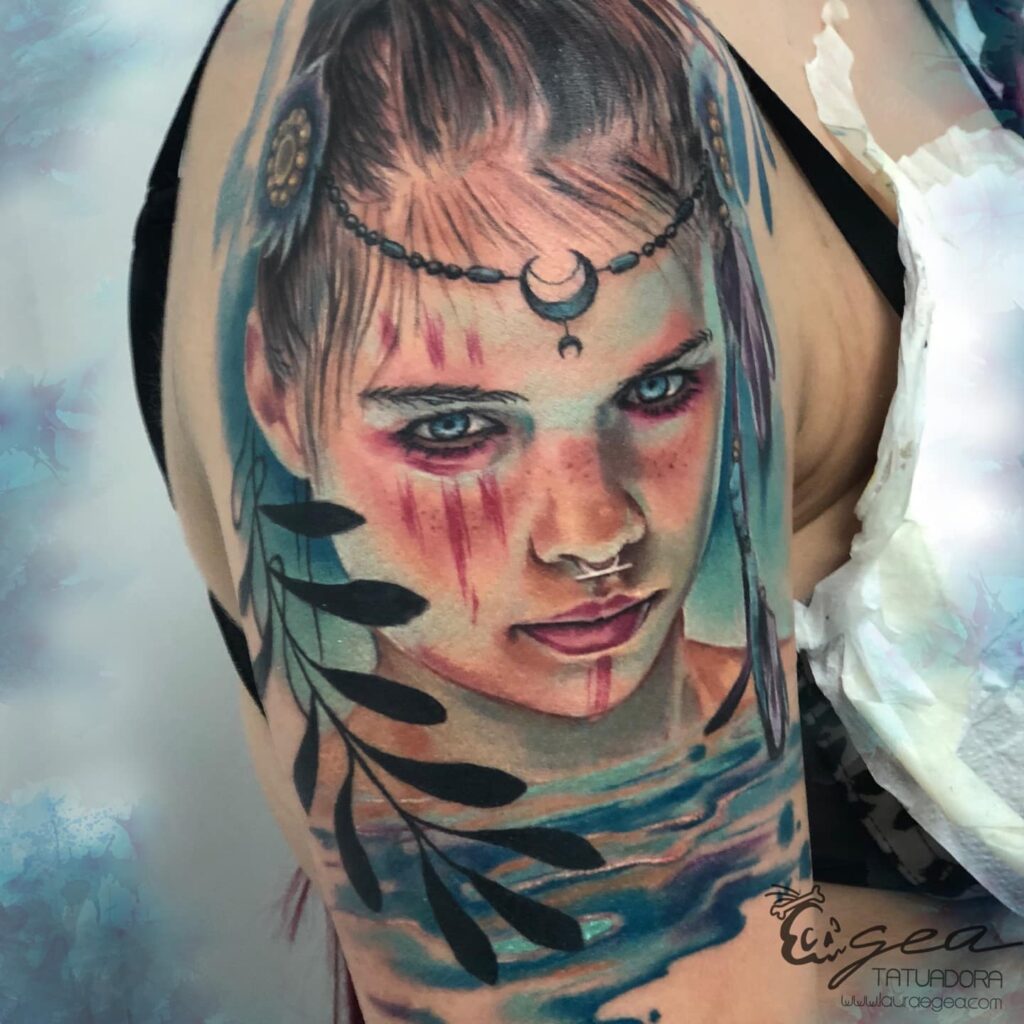 Fantasy female portrait tattoo with magical elements by Laura Egea Dallas Texas