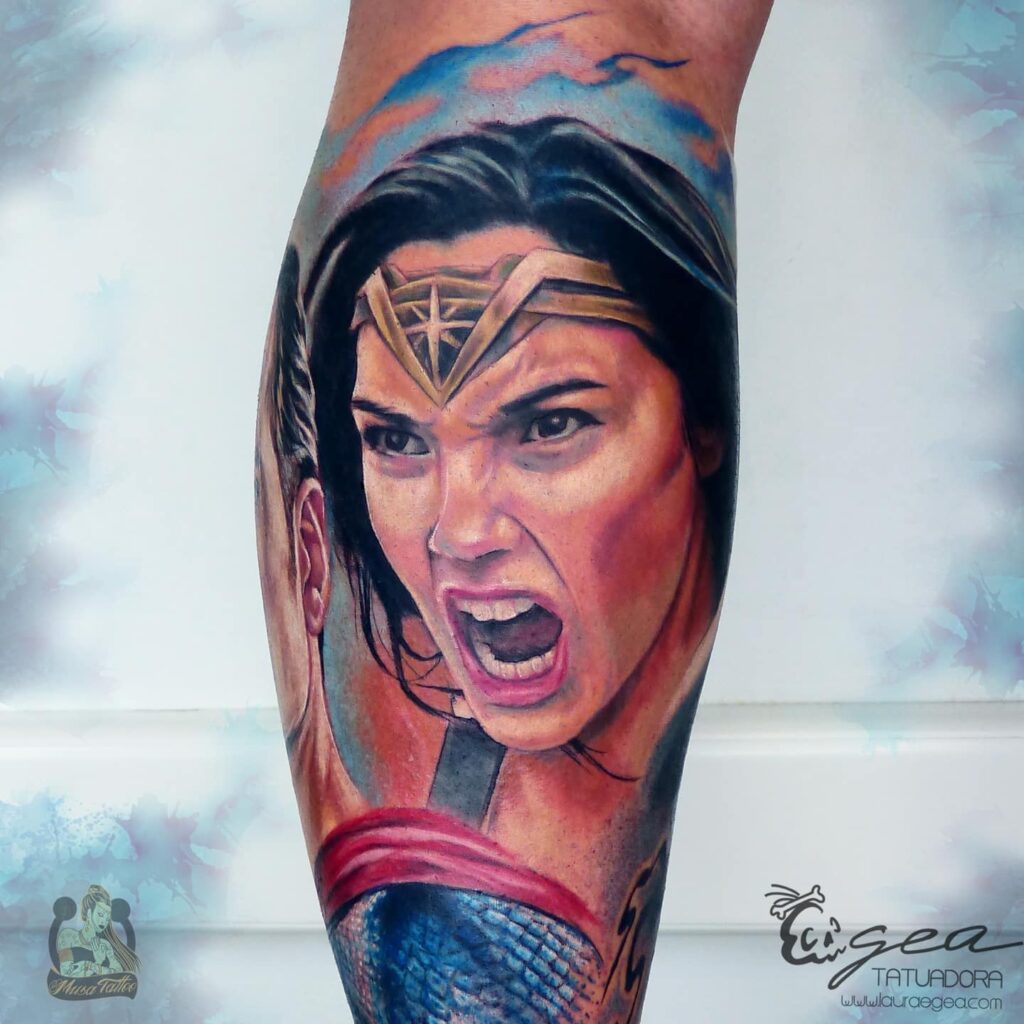 Superhero female portrait tattoo inspired by comic character by Laura Egea Texas