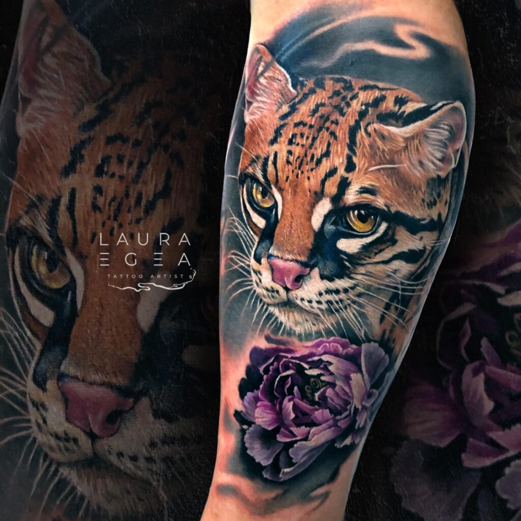 realism feline portrait tattoo with symbolic flower by laura Egea dallas Texas
