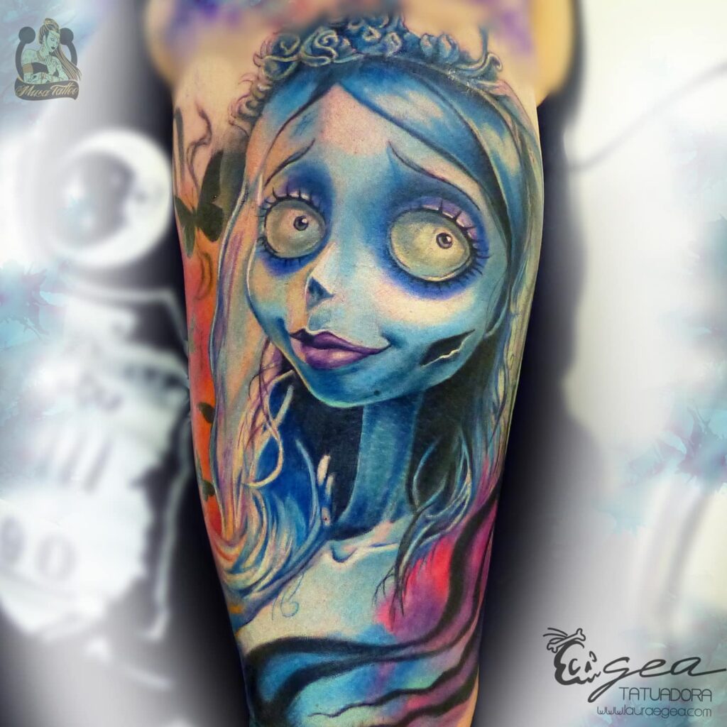 Fantasy gothic female portrait tattoo inpired by cinematic character by Laura Egea Texas USA