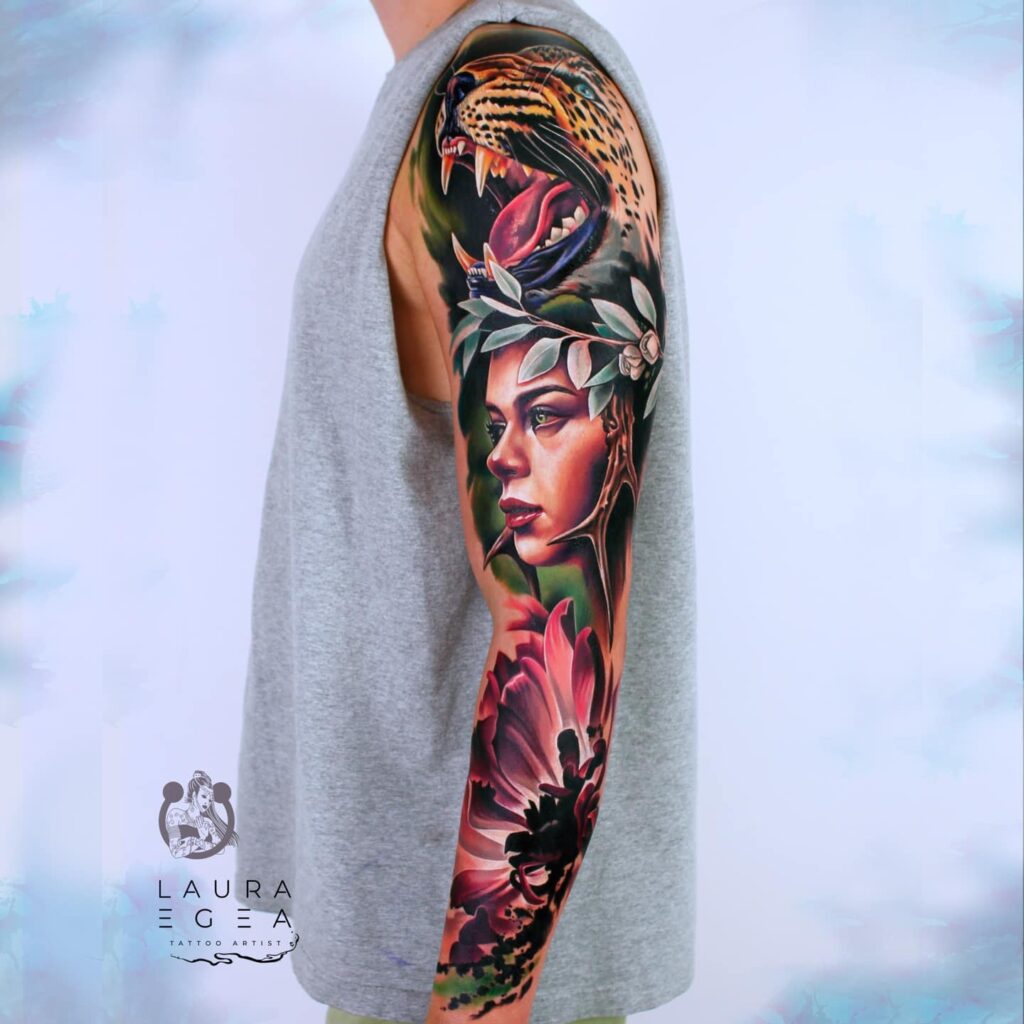 Signature color realism tattoo sleeve by Laura Egea Dallas, Texas