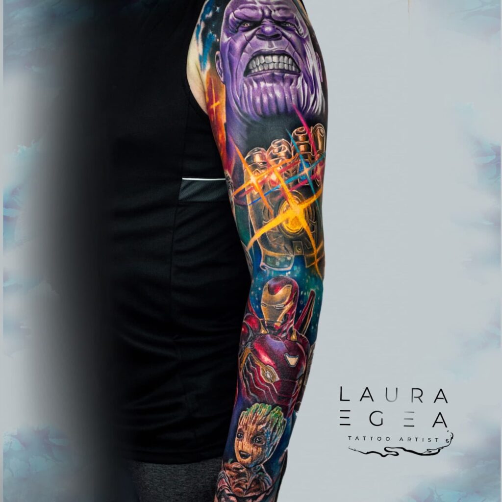 Superhero group tattoo inspired by iconic comic characters by Laura Egea Dallas Texas