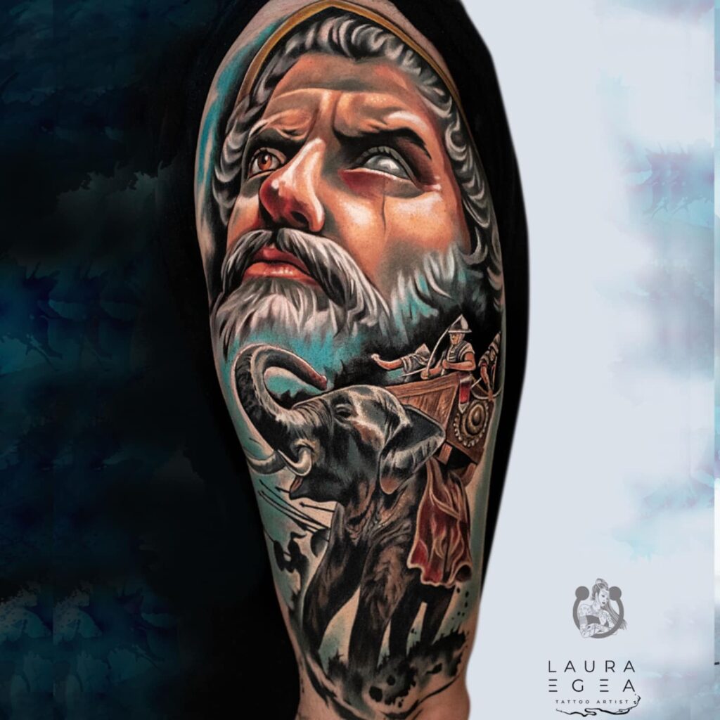 Historical scene tattoo sleeve in color realism style by Laura Egea Texas