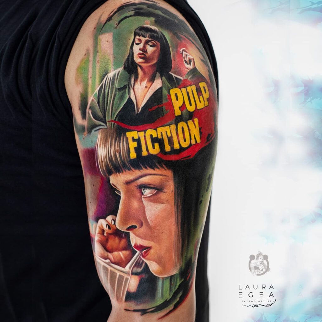 Cinematic female portrait tattoo inspired by iconic film character by Laura Egea Dallas Texas