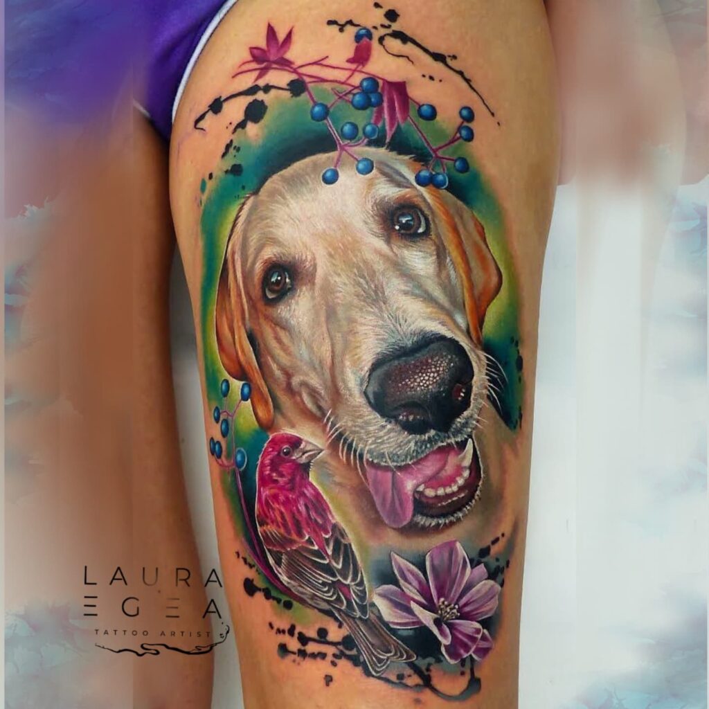 Realistic dog tattoo with bird and floral elements by Laura egea Texas USA