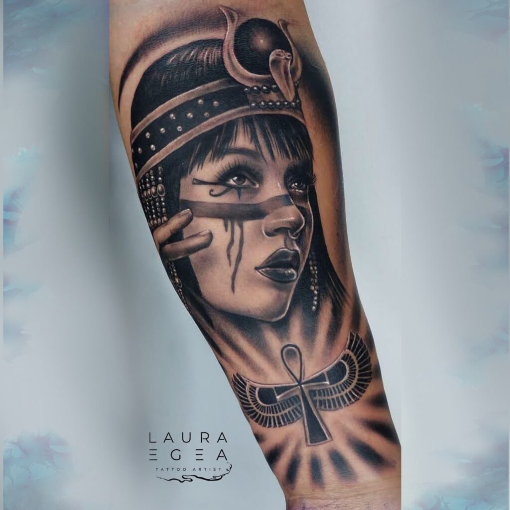 Black and grey Cleopatra portrait tattoo by Laura Egea Dallas Texas