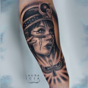 Black and grey Cleopatra portrait tattoo by Laura Egea Dallas Texas