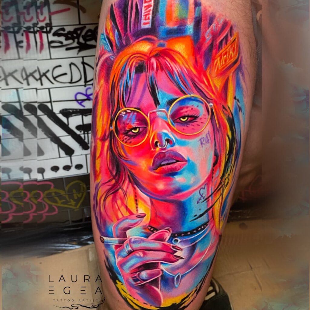 cyberpunk female portrait tattoo with neon colors by Laura Egea Dallas Texas