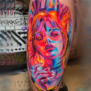 cyberpunk female portrait tattoo with neon colors by Laura Egea Dallas Texas