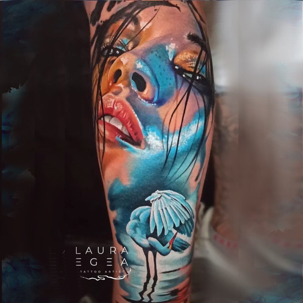 Hyper realistic macro portrait tattoo with heron composition by Laura Egea Texas