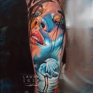 Hyper realistic macro portrait tattoo with heron composition by Laura Egea Texas