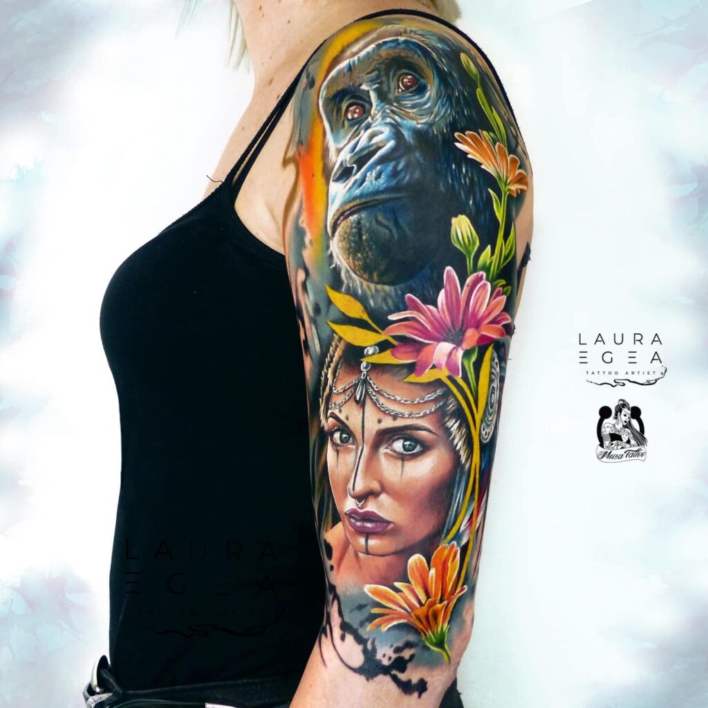 color realism sleeve inspired by a gorilla and an indigenous amazon warrior by Laura Egea Dallas Texas
