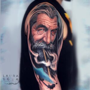Wizard portrait tattoo inspired by iconic fantasy character by Laura Egea Texas USA