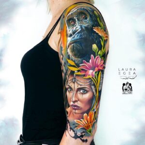 color realism sleeve inspired by a gorilla and an indigenous amazon warrior by Laura Egea Dallas Texas