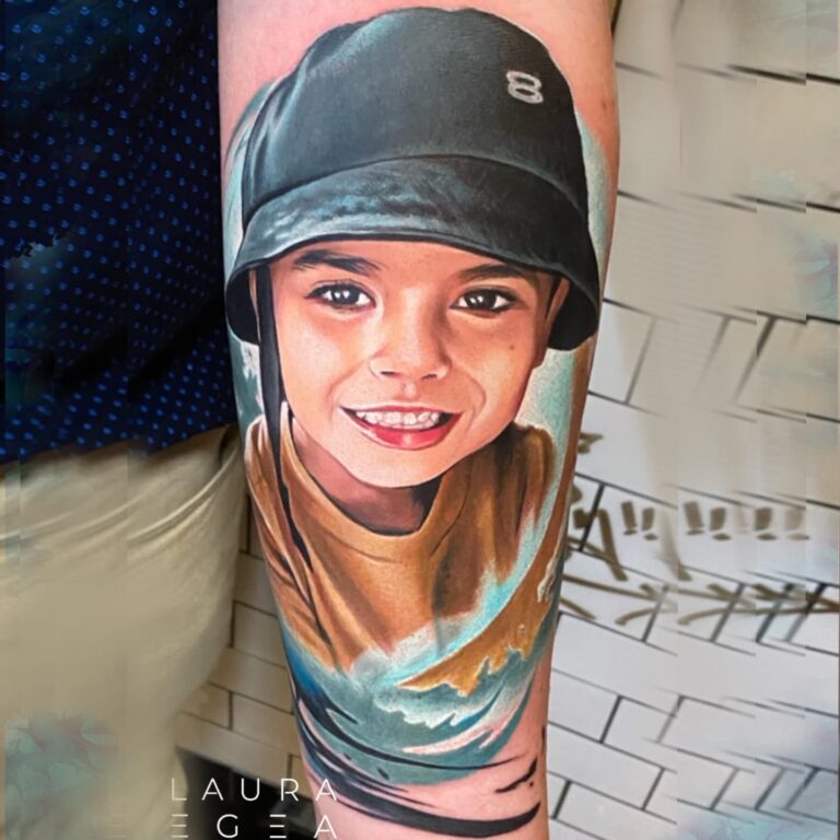 Hyper realistic child portrait tattoo by Laure Egea Dallas Texas