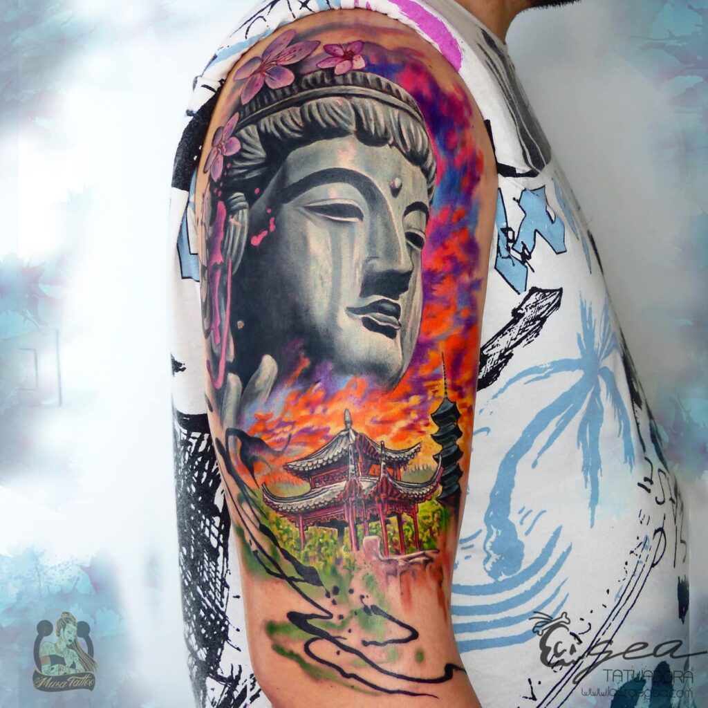 Color realism tattoo featuring Buda sculpture with organic flow by laura Egea