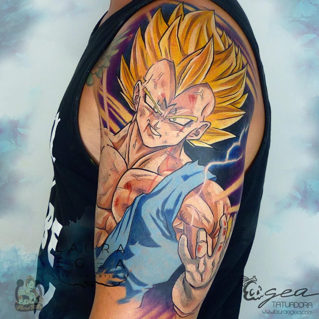 Anime Vegeta Dragon Ball tattoo by Laura Egea tattoo artist Dallas Texas