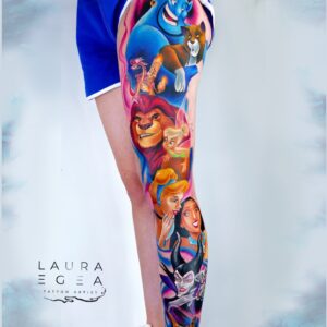 Fantasy cartoon leg sleeve tattoo inspired by classic animated characters by Laura Egea Dallas Texas