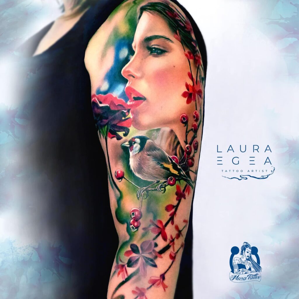 realistic fantasy tatto portrait with natural elements by LAura Egea based in Dallas, Texas
