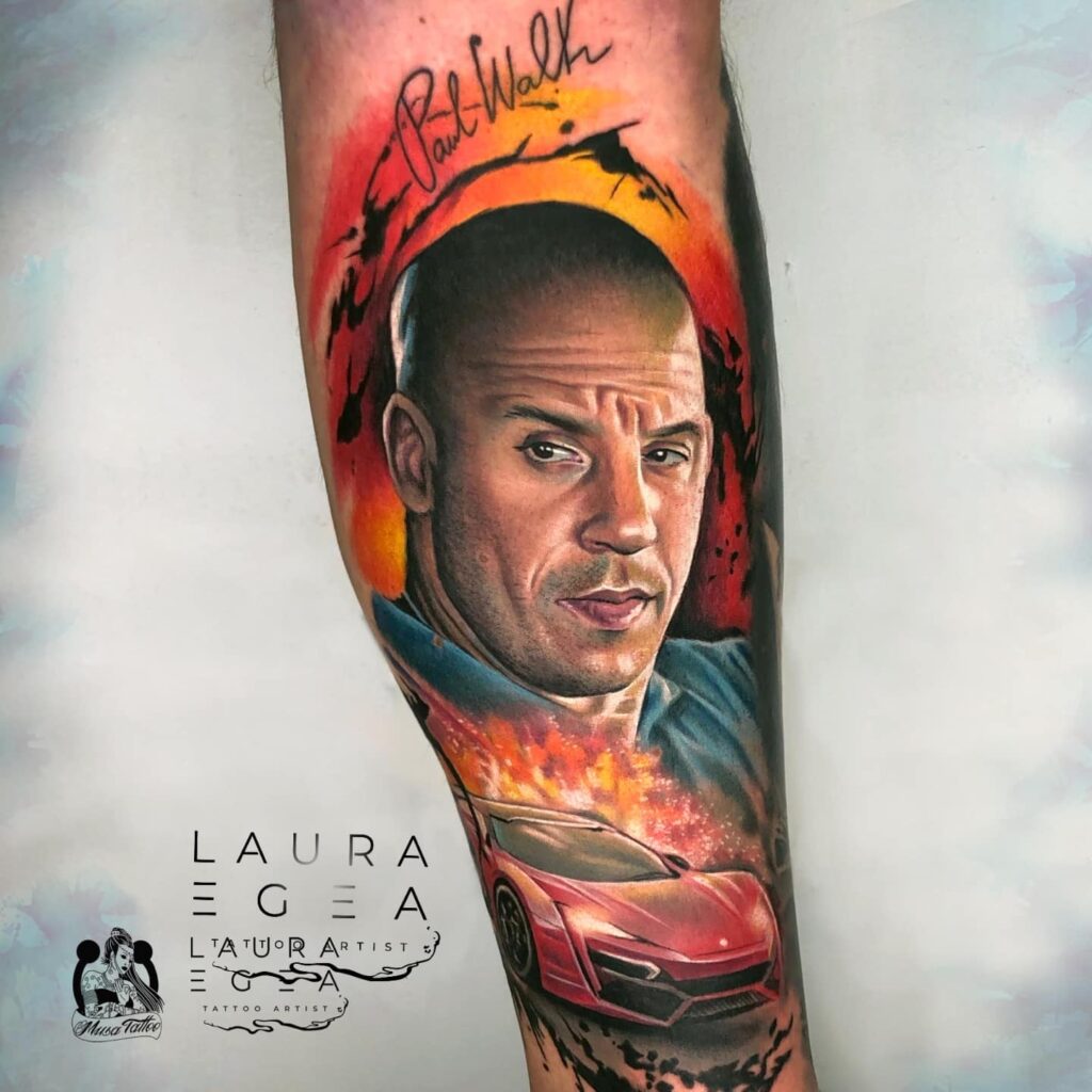 Color realism tattoo portrait by Laura Egea based in Texas, USA