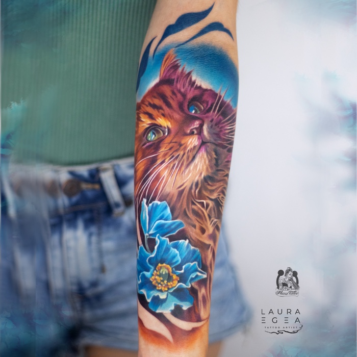 Cat tattoo portrait by Laura Egea in Dallas